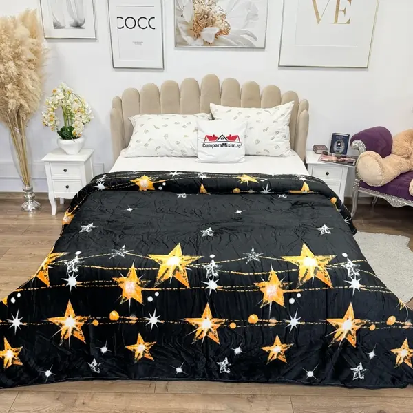 Patura pufoasa cocolino 200x230cm, 240g/mp, Negru, Stelute