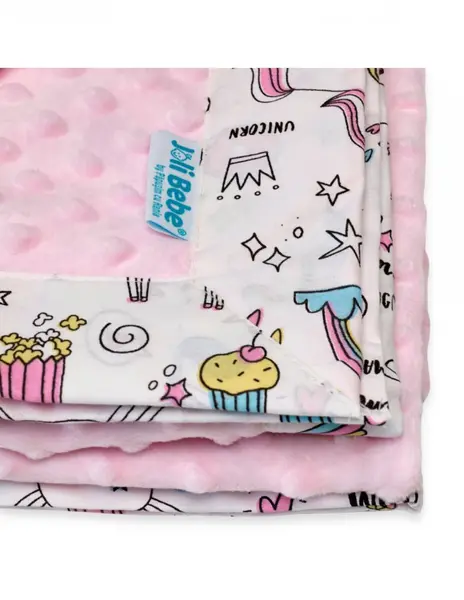 Paturica cu 2 fete din plus minky si bumbac 100 x 100 cm model unicorni, roz