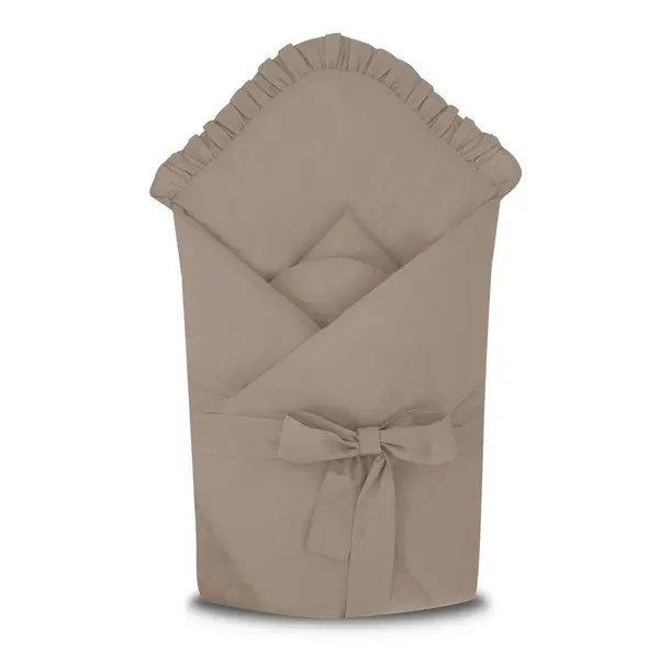 Paturica de infasat, MimiNu, Cu volanase, Cu multiple utilizari, Cu inchidere cu panglica, Dimensiune 75x75 cm, Din bumbac certificat Oeko Tex Standard 100, Colectia Royal, Mocha