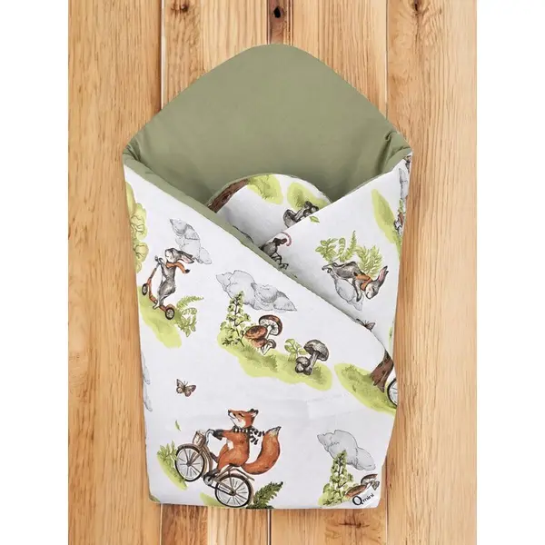 Paturica de infasat Qmini Fox on bikes Natural, cu doua fete, multiple utilizari, inchidere arici velcro, 75x75 cm, din bumbac