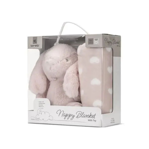 Paturica moale cu jucarie din plus, Lorelli Nappy, 90 x 75 cm, Iepuras, Pink