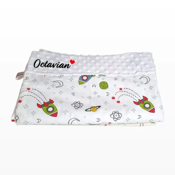 Paturica personalizata – Spatiu cosmic și Minky Alb