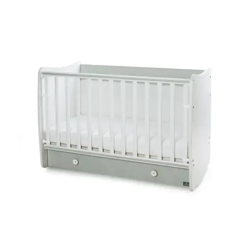 Patut balansoar pentru copii Lorelli Dream White Milky Green, din lemn, transformabil, sistem leganare cu blocare, grilaj detasabil si culisant in 2 pozitii, saltea pe 2 niveluri de inaltime, sertar, 0-3 ani, 0-15 Kg, 120x60 cm