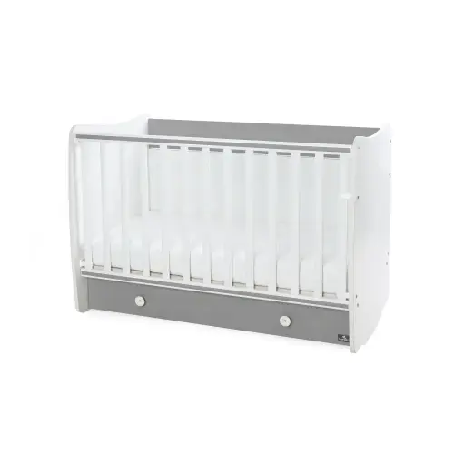 Patut balansoar pentru copii Lorelli Dream White Stone Grey, din lemn, transformabil, sistem leganare cu blocare, grilaj detasabil si culisant in 2 pozitii, saltea pe 2 niveluri de inaltime, sertar, 0-3 ani, 0-15 Kg, 120x60 cm
