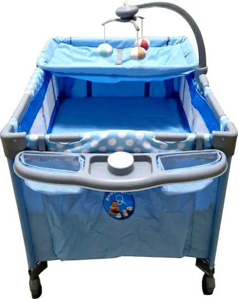 Patut copii Baby Care PRO FMAT Albastru, Pliabil, 2 Niveluri de inaltime, Melodii, Masa infasat, Carusel cu jucarii din plus, Plasa insecte