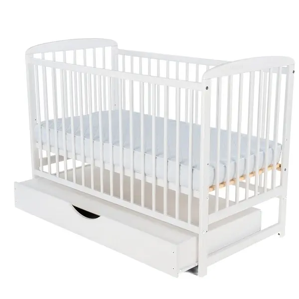 Patut din lemn bebe, 120x60 cm, Cu sertar cu capac, Din lemn de pin si mdf, Stabil si rezistent, Inaltime saltea reglabila pe 3 nivele, Laterala cu 3 bete detasabile, EN716-1, EN716-2, Alb, Babyneeds, Ola
