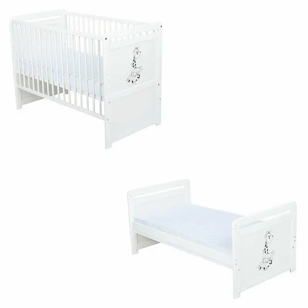 Patut din lemn bebe, Transformabil si pentru junior, 120x60 cm, Din lemn de pin si mdf, Stabil si rezistent, Inaltime saltea reglabila pe 3 nivele, Laterala cu 3 bete detasabile, EN716-1, EN716-2, Alb, Babyneeds, Nadia II, Girafa + Saltea 10 cm