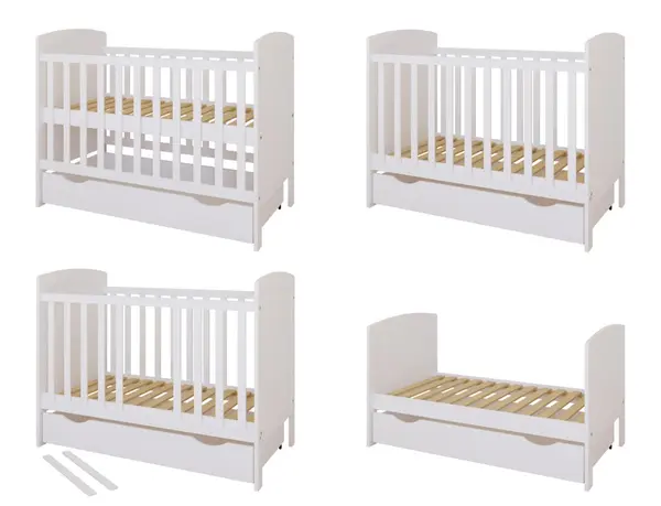 Patut din lemn Nichiduta Philip Alb 120x60 cm cu Laterala detasabila,Sertar cu roti,Margine din silicon pentru protectie dintisori,Design elegant,Vopsele si materiale sigure,3 Nivele reglare somiera,Margini rotunjite