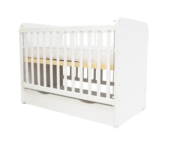 Patut din lemn pentru copii Nichiduta Stefani Vip White 120x60cm cu sertar spatios de depozitare pe sine, Laterala cu sistem de culisare, Laterala detasabila,Margini rotunjite,Vopsea pe baza de apa