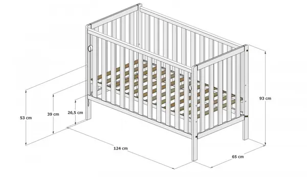 Patut din lemn si MDF pentru copii Nichiduta Bambi Cashmere cu laterala culisanta,roti cu blocare, vopsele ecologice pe baza de apa, margini rotunjite, dimensiuni interioare 120x60 cm