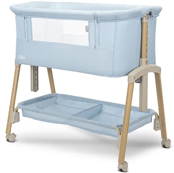 Pătuț pentru bebeluși cu barieră rabatabilă Lorelli - Millie, Blue/Wooden effect
