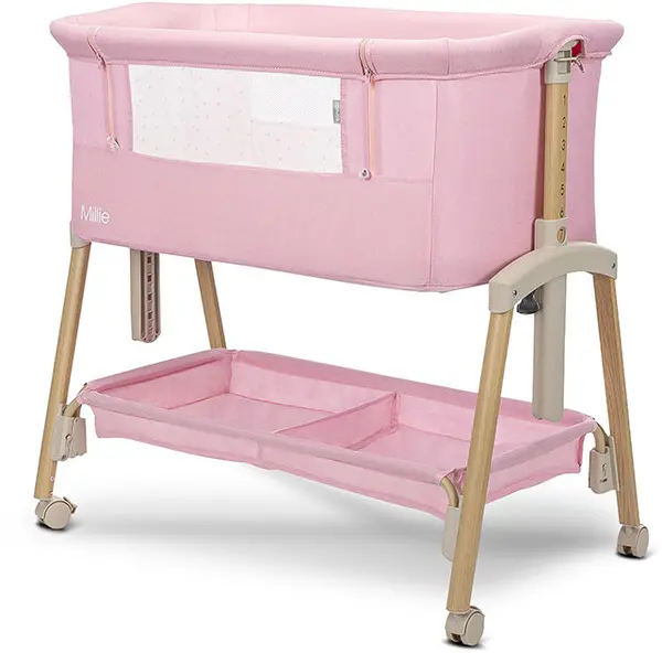 Pătuț pentru bebeluși cu barieră rabatabilă Lorelli - Millie, Pink/Wooden effect
