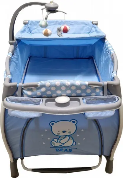 Patut pentru copii Baby Care PRO FRW Albastru Pliabil, cu Balansoar, 2 Nivele de inaltime, Melodii, Masa infasat, Carusel cu jucarii din plus, Plasa insecte