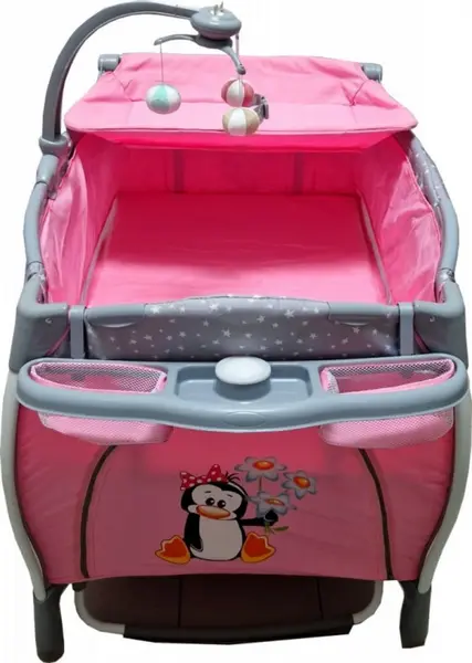 Patut pentru copii Baby Care PRO FRW Roz Pliabil, cu Balansoar, 2 Nivele de inaltime, Melodii, Masa infasat, Carusel cu jucarii din plus, Plasa insecte