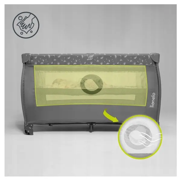Patut pentru copii Lionelo Stefi Plus Gri Pliabil, Cu doua nivele, Intrare laterala cu fermoar, 2 roti, 120 x 60 cm, Conform cu standardul european de securitate EN 716
