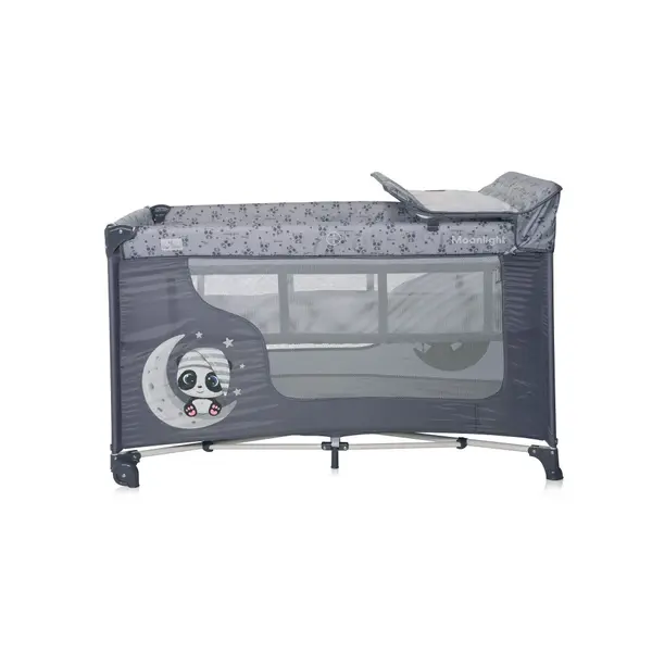 Patut pentru copii Lorelli Moonlight Cool Grey Pandas pliabil, cu 2 nivele, laterala cu fermoar, masuta de infasat, saltea si geanta de transport incluse