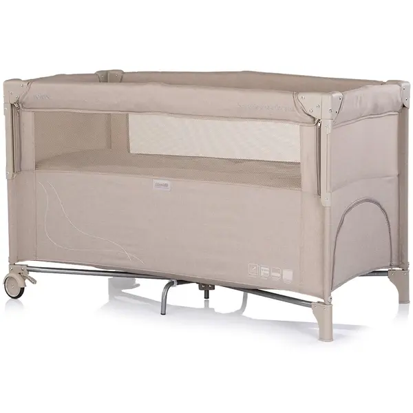 Patut pliabil Chipolino Relax Latte Linen cu laterala culisanta, 2 nivele, intrare laterala, geanta pentru transport, greutate admisa 15 kg