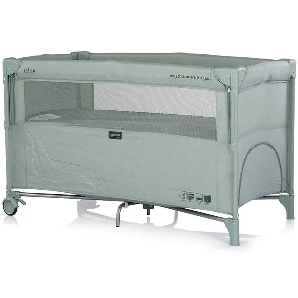 Patut pliabil Chipolino Relax Matcha Linen cu laterala culisanta, 2 nivele, intrare laterala, geanta pentru transport, greutate admisa 15 kg