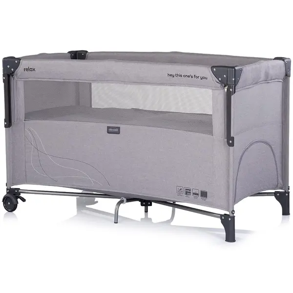 Patut pliabil Chipolino Relax Platinum Linen cu laterala culisanta, 2 nivele, intrare laterala, geanta pentru transport, greutate admisa 15 kg