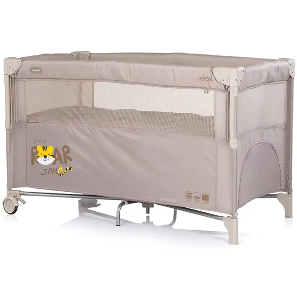 Patut pliabil Chipolino Relax Tiger Latte cu laterala culisanta, 2 nivele, intrare laterala, geanta pentru transport, greutate admisa 15 kg