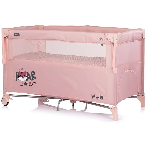 Patut pliabil Chipolino Relax Tiger Powder Pink cu laterala culisanta, 2 nivele, intrare laterala, geanta pentru transport, greutate admisa 15 kg