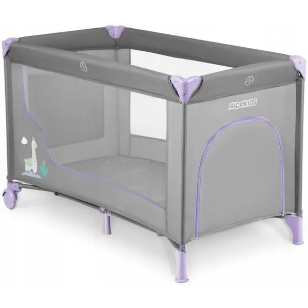 Patut pliabil cu un nivel pentru copii Ricokids,pliere compacta,usa de acces cu fermoar,roti cu frane,husa transport si saltea pliabila incluse Gri Lavanda