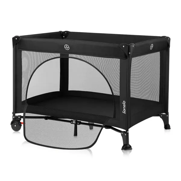 Patut pliabil, Lionelo, Laura, 102 x 74 cm, Cu doua nivele, Functie de tarc, Cu roti, Include salteluta si geanta de transport, Pereti din plasa, Deschidere laterala, Pana la 15 kg, 0 luni +, Negru