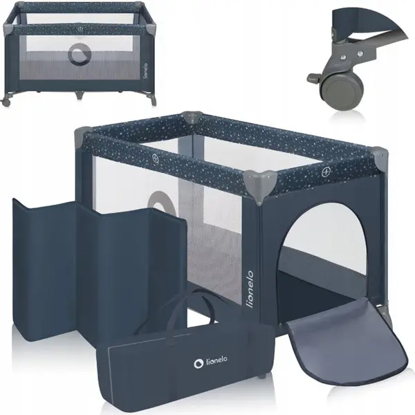 Patut pliabil Lionelo Stefi BlueGrey cu un nivel, intrare laterala cu fermoar, roti, conform cu standardul european de securitate EN 716