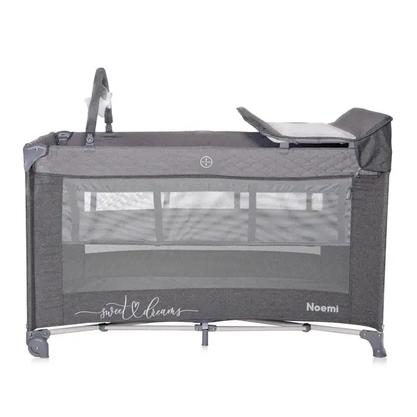 Patut pliabil Noemi Plus Cool Grey Star cu 2 nivele, usa laterala cu fermoar, roti cu sistem de blocare, accesorii incluse