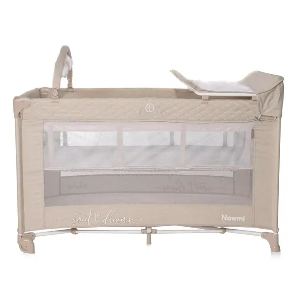 Patut pliabil Noemi Plus Fog Beige Star cu 2 nivele, usa laterala cu fermoar, roti cu sistem de blocare, accesorii incluse