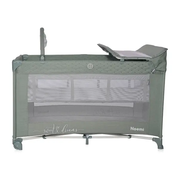 Patut pliabil Noemi Plus Iceberg Green Star cu 2 nivele, usa laterala cu fermoar, roti cu sistem de blocare, accesorii incluse