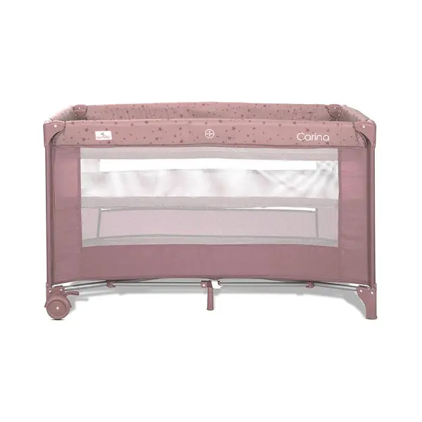 Patut pliabil pentru copii Lorelli Carina Pink Stars, 2 nivele, deschidere laterala cu fermoar, prevazut cu roti cu frana