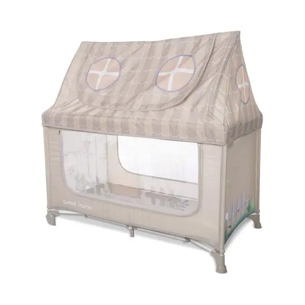 Patut pliabil pentru copii Lorelli Sweet Home Beige 2 nivele, usa laterala cu fermoar, capotina detasabila