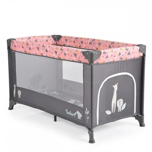 Patut pliabil pentru copii Moni Safari Pink 125x62x75 cm cu un nivel,Deschidere laterala cu fermoar,Saltea pliabila si geanta transport incluse,de la 0 luni pana la 15 kg