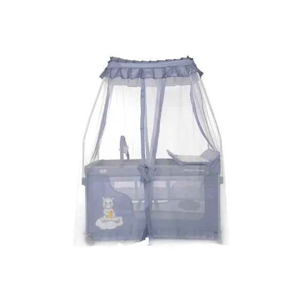 Patut pliabil stil baldachin Magic Sleep Cool Grey Hippo cu 2 nivele, usa laterala cu fermoar, roti, accesorii incluse