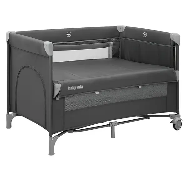 Patut pliant, Baby Mix, Cu doua nivele, Cu laterala culisanta, 120x60 cm, Ideal pt calatorii si uz cotidian, Cu intrare laterala cu fermoar, Roti, Conform cu standardul EN 716: 2017-07, Grey