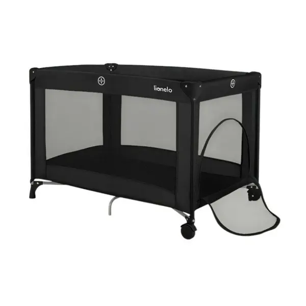 Patut pliant, Lionelo, Amelie, Cu intrare laterala, 100.5×70.5 cm, Include salteluta, roti, geanta pentru transport, Constructie usoara- 7 kg, Cadru stabil din otel, Negru