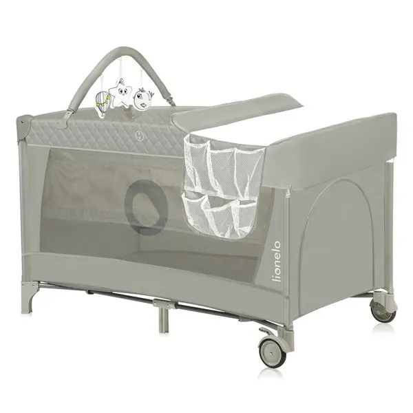Patut pliant, Lionelo, Flower, Cu doua nivele, Cu arcada, Geanta transport, Masuta de infasat, Bara cu jucarii, Fereastra laterala, 120x60 cm, Conform cu standardele europeane de securitate EN 716 si EN12221, Cappuccino