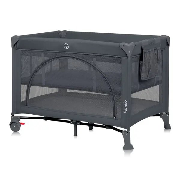 Patut pliant, Lionelo, Laura, 102 x 74 cm, Cu doua nivele, Functie de tarc, Cu roti, Include salteluta si geanta de transport, Pereti din plasa, Deschidere laterala, Pana la 15 kg, 0 luni +, Gri