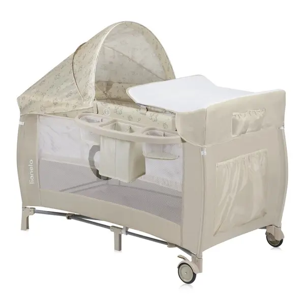 Patut pliant, Lionelo, Sven Plus, 120x60 cm, Cu doua nivele, Cu arcada jucarii, masuta de infasat, vibratii, melodii, conform cu standardele europeane de securitate EN716 si EN12221, Bej Latte