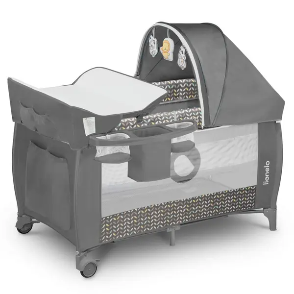Patut pliant, Lionelo, Sven Plus, 120x60 cm, Cu doua nivele, Cu arcada jucarii, masuta de infasat, vibratii, melodii conform cu standardele europeane de securitate EN716 si EN12221, Grey Scandi