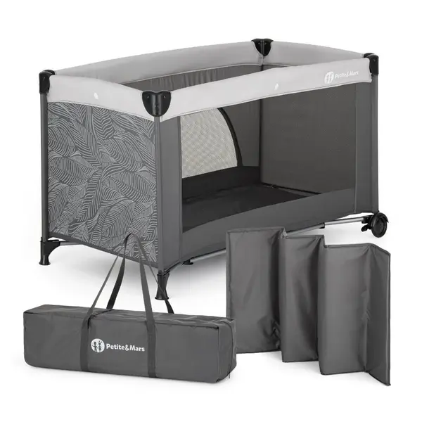 Patut pliant, Petite&Mars, Nyja, 120 x 60 cm, Cu roti, Functie de tarc, Pliere compacta, Include geanta de transport, Intrare laterala cu fermoar, Pereti din plasa, Pana la 15 kg, 0-30 luni, Gri