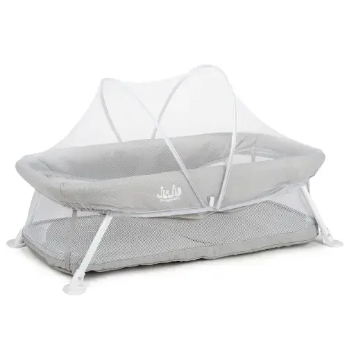 Patut portabil pentru nou-nascuti si bebelusi Juju Little Dreamy, 80x42 cm, salteluta, plasa anti-insecte, husa lavabila, design ergonomic, structura stabila, geanta transport, Gri
