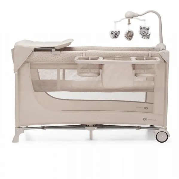 Patut travel Kinderkraft Joy 2 Beige cu 2 nivele, dubla protectie impotriva auto-plierii, intrare laterala cu fermoar, carusel, masuta de infasat si organizator incluse