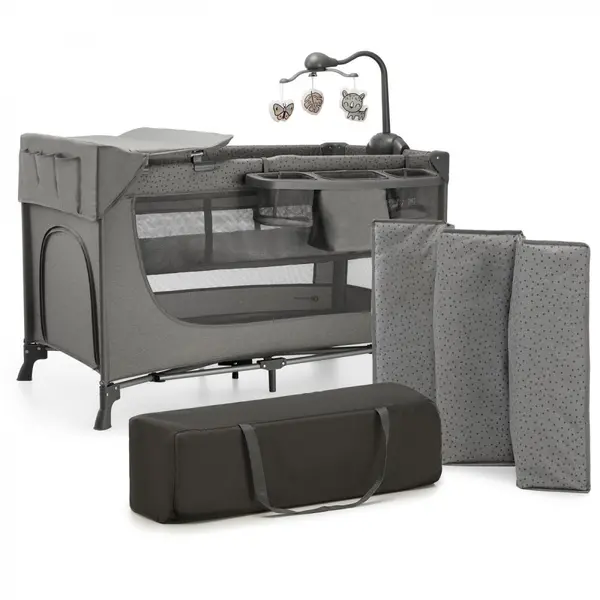 Patut travel Kinderkraft Joy 2 Dark Grey cu 2 nivele, dubla protectie impotriva auto-plierii, intrare laterala cu fermoar, carusel, masuta de infasat si organizator incluse