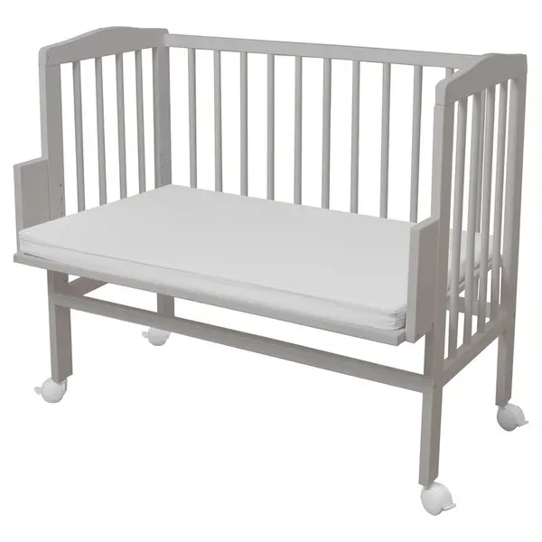 Patut, Waldin, Bedside 2in1 Gri, 90x55 cm, lemn de fag, vopsea certificata, roti blocabile, laterala detasabila, co-sleeping, Saltea inclusa, Resigilat
