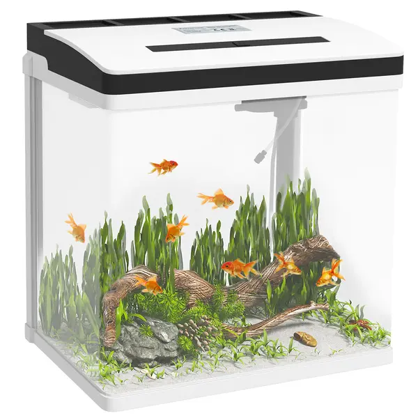 PawHut Acvariu de 28L cu Iluminare LED, Orificii de Ventilație și Pompă Silențioasă, 38x26x38 cm, Alb | Aosom Romania