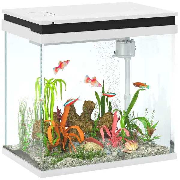 PawHut Acvariu de Sticlă pentru Pești cu Iluminare LED, Filtru și Pompă de Apă, 38x26x38 cm, Alb | Aosom Romania