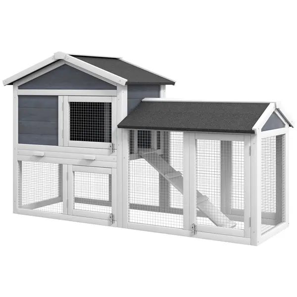 PawHut Adăpost pentru animale mici cu țarc exterior, lemn de brad, 147 x 54 x 84 cm, gri | Aosom Romania