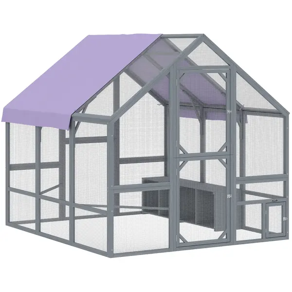 PawHut Adăpost pentru găini cu husă rezistentă la intemperii 2 cuiburi 2 bârne de odihnă pentru 8-10 găini lemn 211 x 186,5 x 185,5 cm Gri închis | Aosom Romania